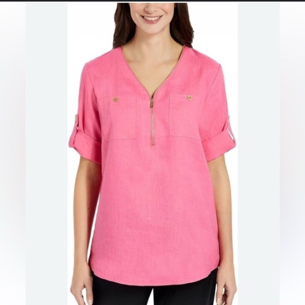 Ellen Tracy Linen Zip Front Roll Tab Sleeve Tunic Shirt Peony Pink Size XXL